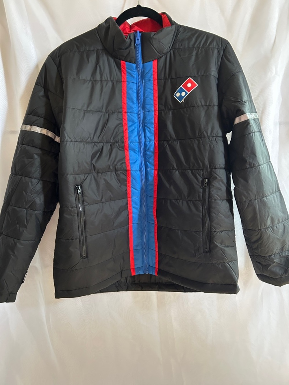 Domino’s Black Puffer Jacket with Blue & Red Stripe